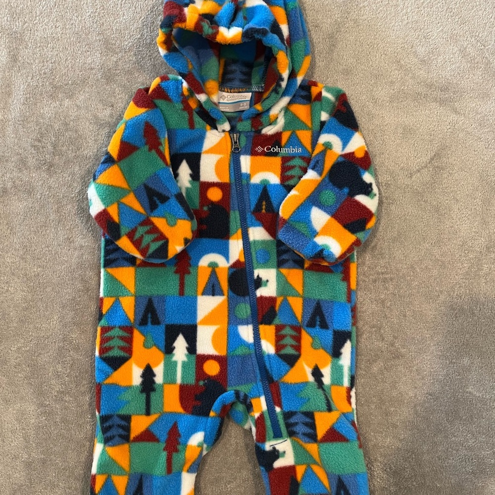 EUC 0-3M Columbia Infant Snowtop Fleece Bunting in Woodland Print